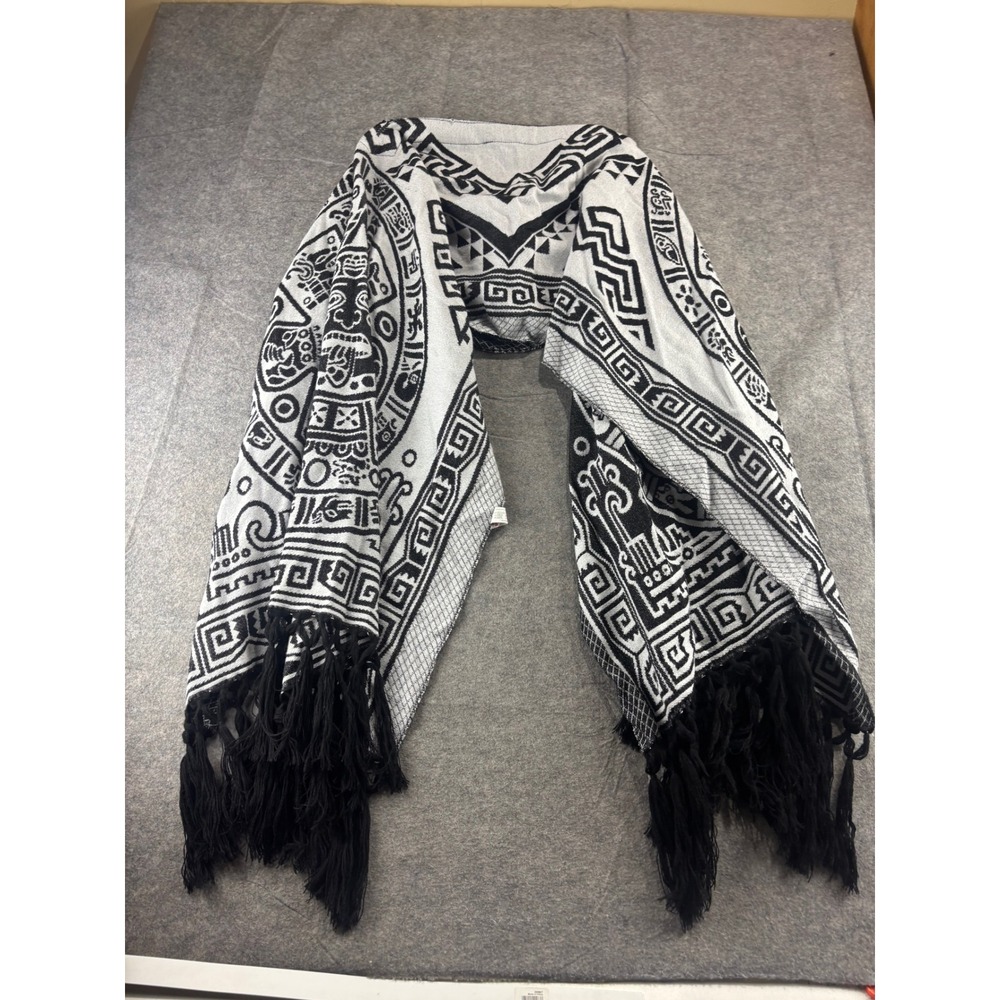 Artesanias San Martin Mexican Aztec Calendar Shawl Poncho Fringe Western Flowy
